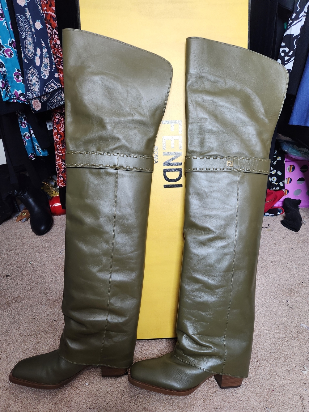 Fendi Olive Green Leather Knee-High Boots with Studded Trim